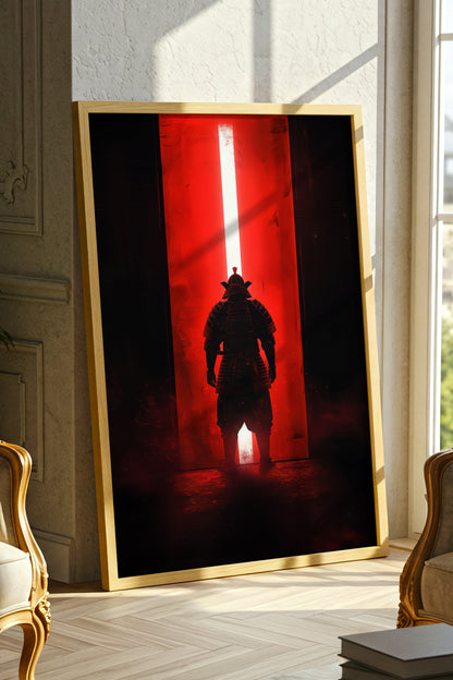 Red Portal Samurai Armor Print - Minimal Light Beam Art | Samurai Legacy