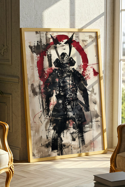 Red Enso Samurai Armor Print - Sumi Ink Wash Poster | Samurai Legacy