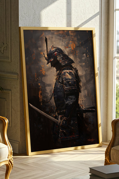 Gold Ember Samurai Profile Print - Dark Impasto Art | Samurai Legacy