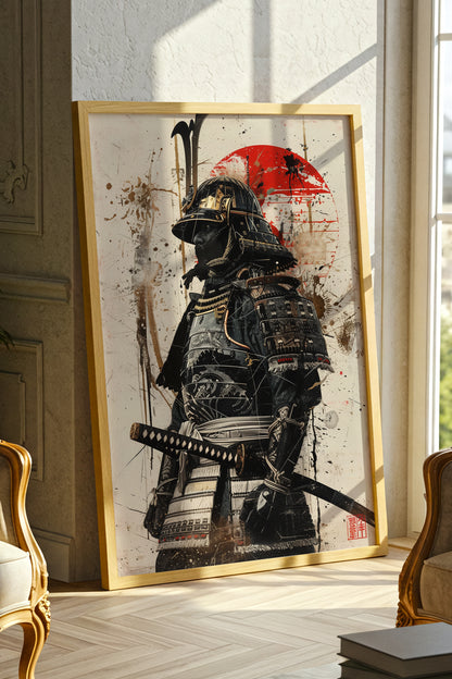Red Sun Samurai Armor Print - Gold Splatter Wash Art | Samurai Legacy