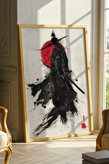 Crimson Sun Samurai Print - Dynamic Sumi Ink Poster | Samurai Legacy