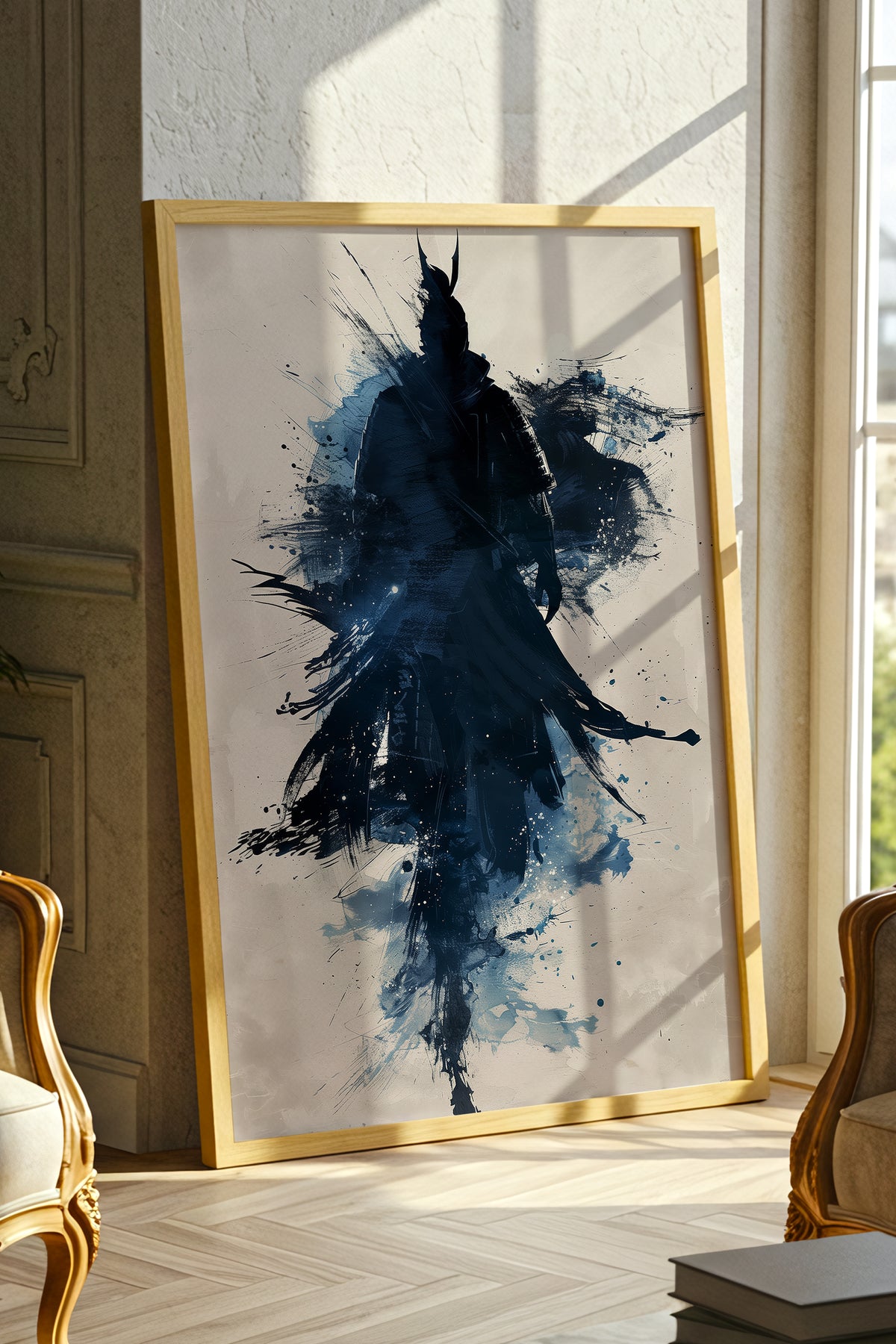 Indigo Splatter Samurai Print - Sumi Ink Wash Poster | Samurai Legacy