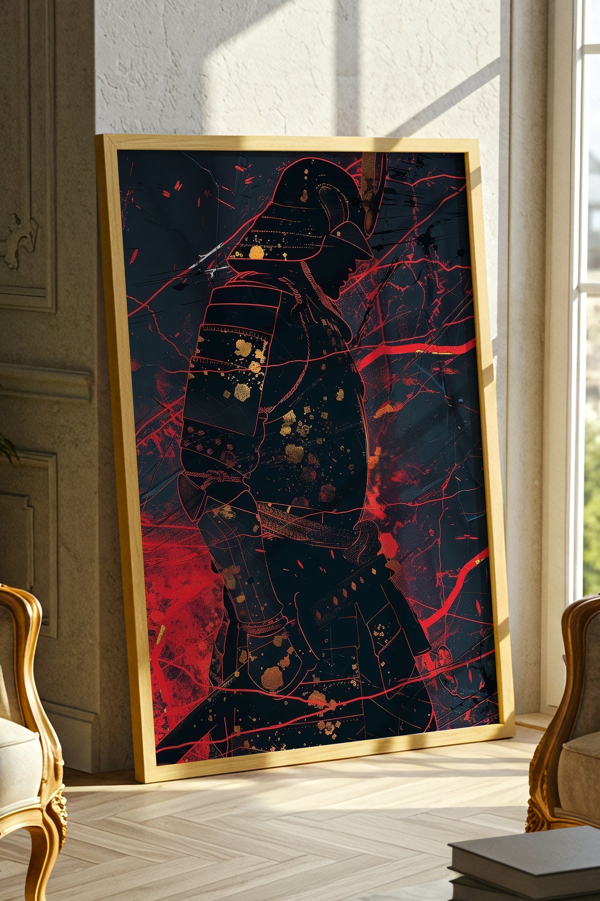 Crimson Line Samurai Armor Poster - Abstract Gold Print | Samurai Legacy