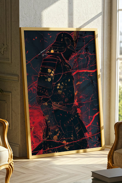 Crimson Line Samurai Armor Poster - Abstract Gold Print | Samurai Legacy