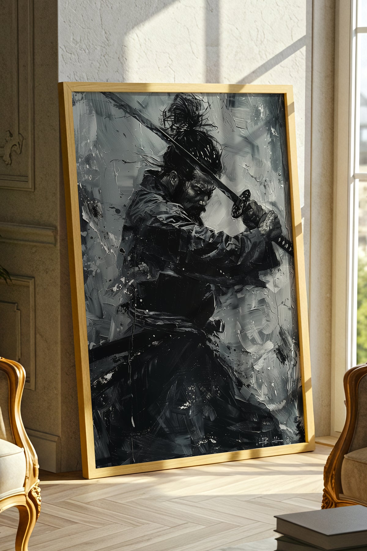 Monochromatic Katana Samurai Poster - Impasto Art Print | Samurai Legacy