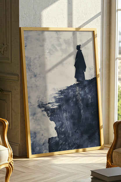 Cliffside Samurai Print - Slate Blue Ink Wash Poster | Samurai Legacy