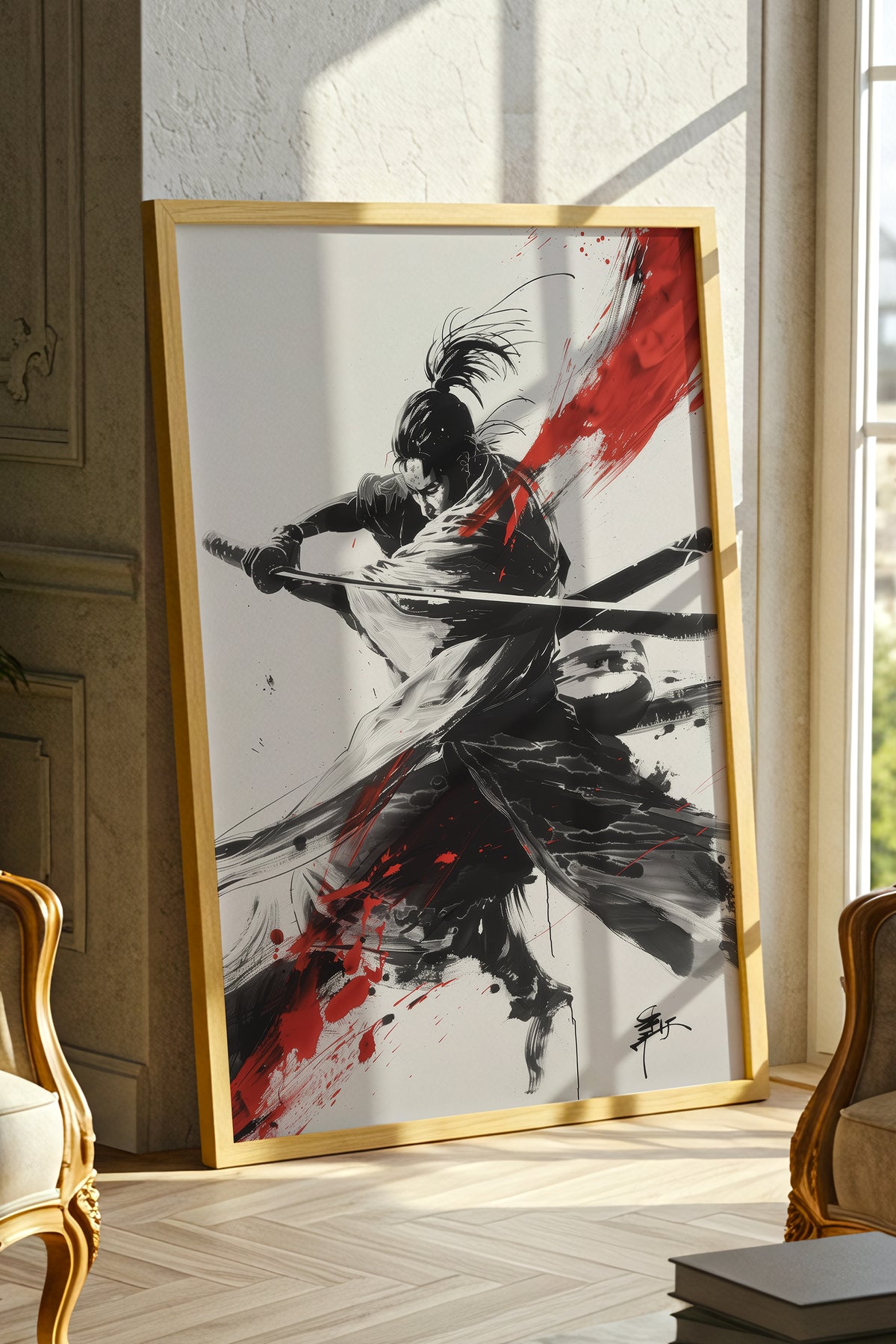 Crimson Arc Samurai Katana Print - Ink Wash Poster | Samurai Legacy