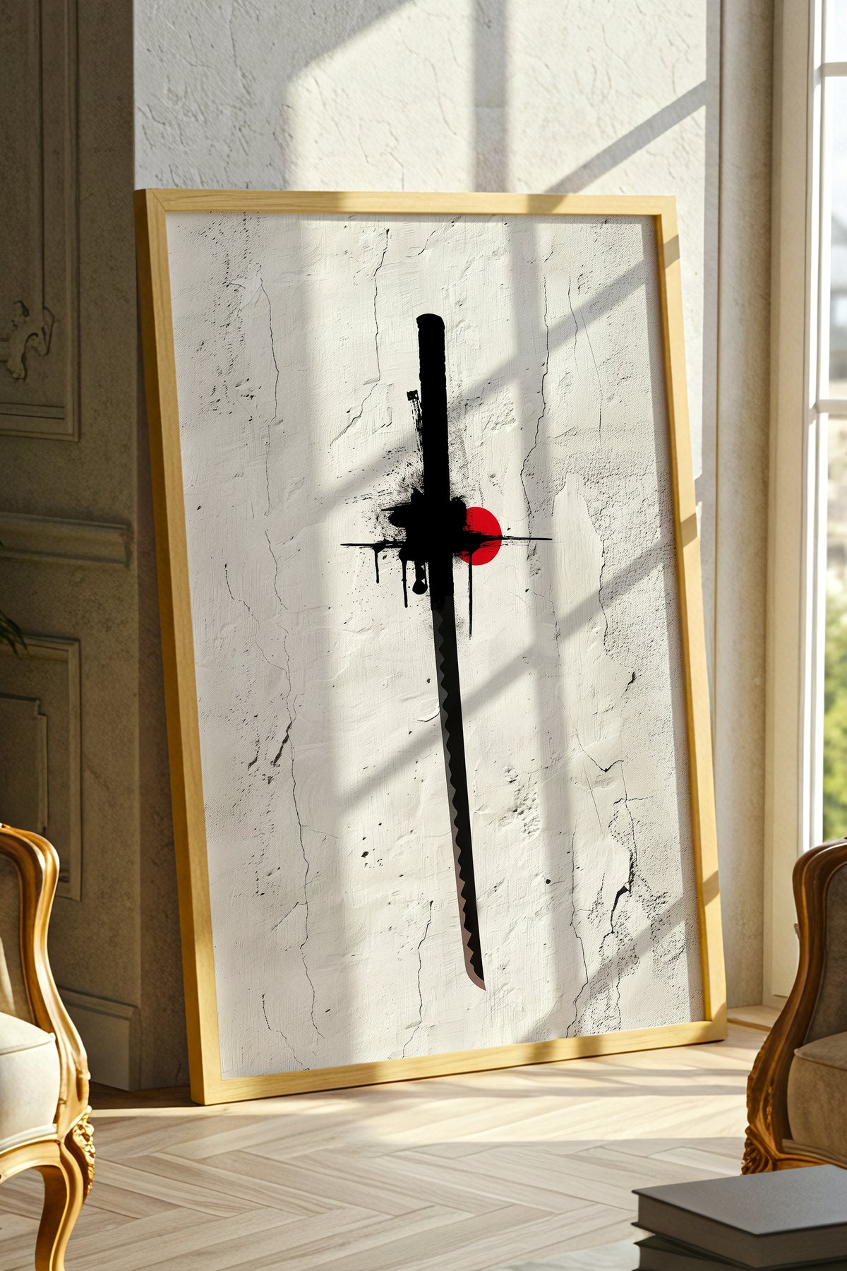 Katana Sword Red Sun Wall Art - Minimalist Ink Poster | Samurai Legacy