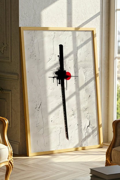 Katana Sword Red Sun Wall Art - Minimalist Ink Poster | Samurai Legacy