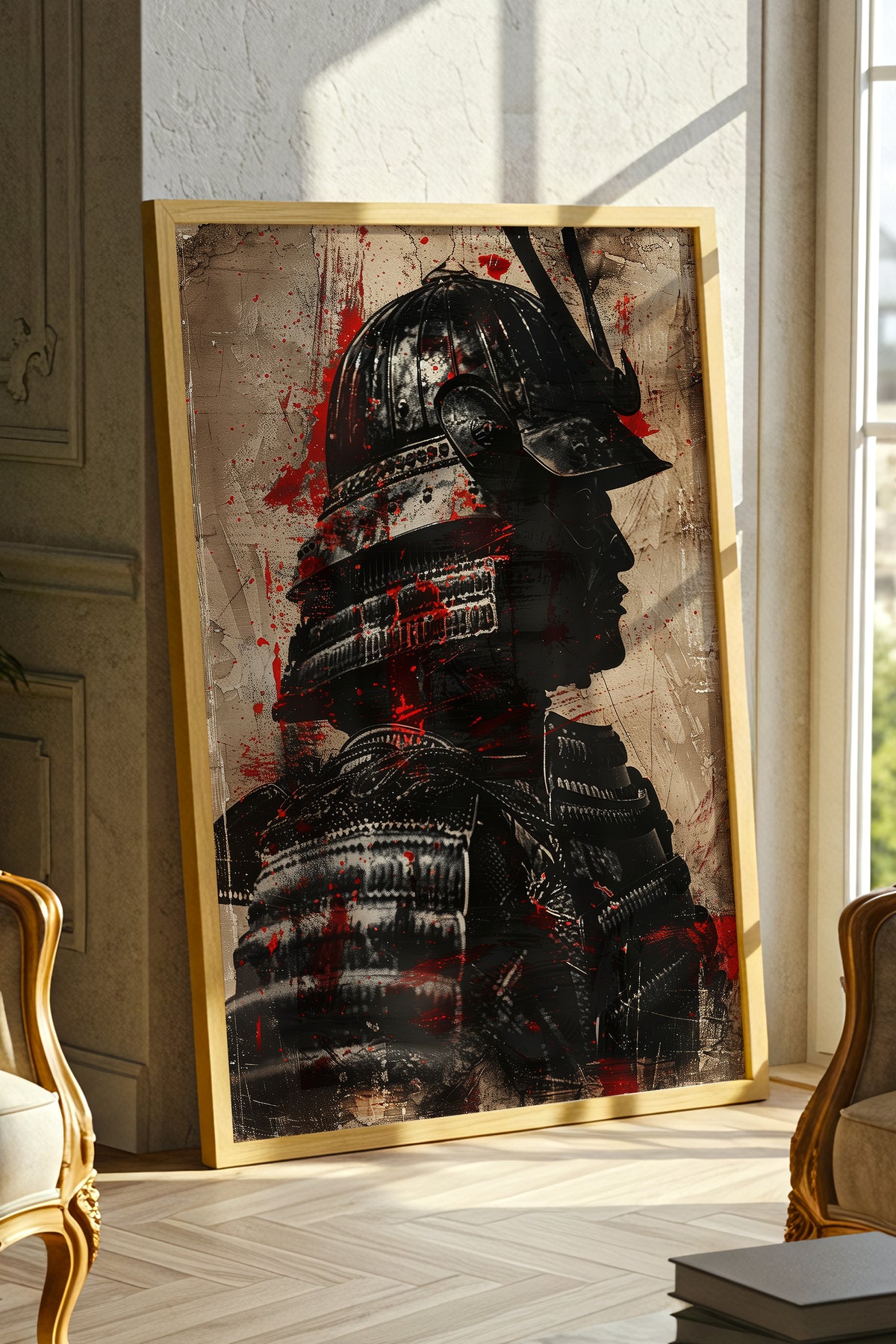 Crimson Splatter Kabuto Samurai Print - Vintage Art | Samurai Legacy