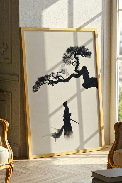 Pine Tree Samurai Art Print - Minimalist Ink Wash Poster | Samurai Legacy