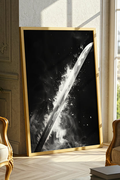 Glowing Katana Blade Print - Monochromatic Smoke Poster | Samurai Legacy