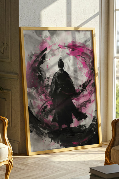 Silent Focus Lone Samurai Print - Expressionist Pink Ink Art | Samurai Legacy