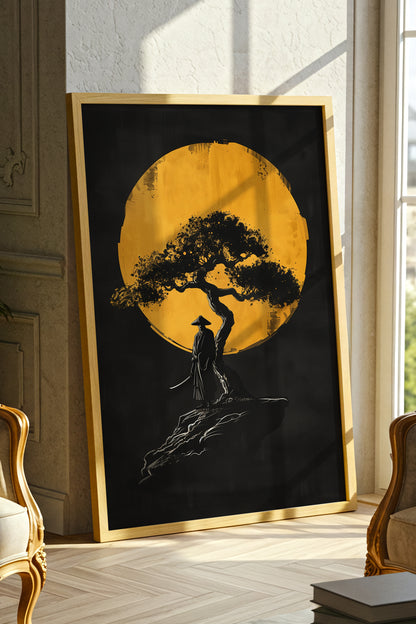 Lone Moonlit Samurai Bonsai Print - Abstract Gold & Black Zen Landscape | Samurai Legacy