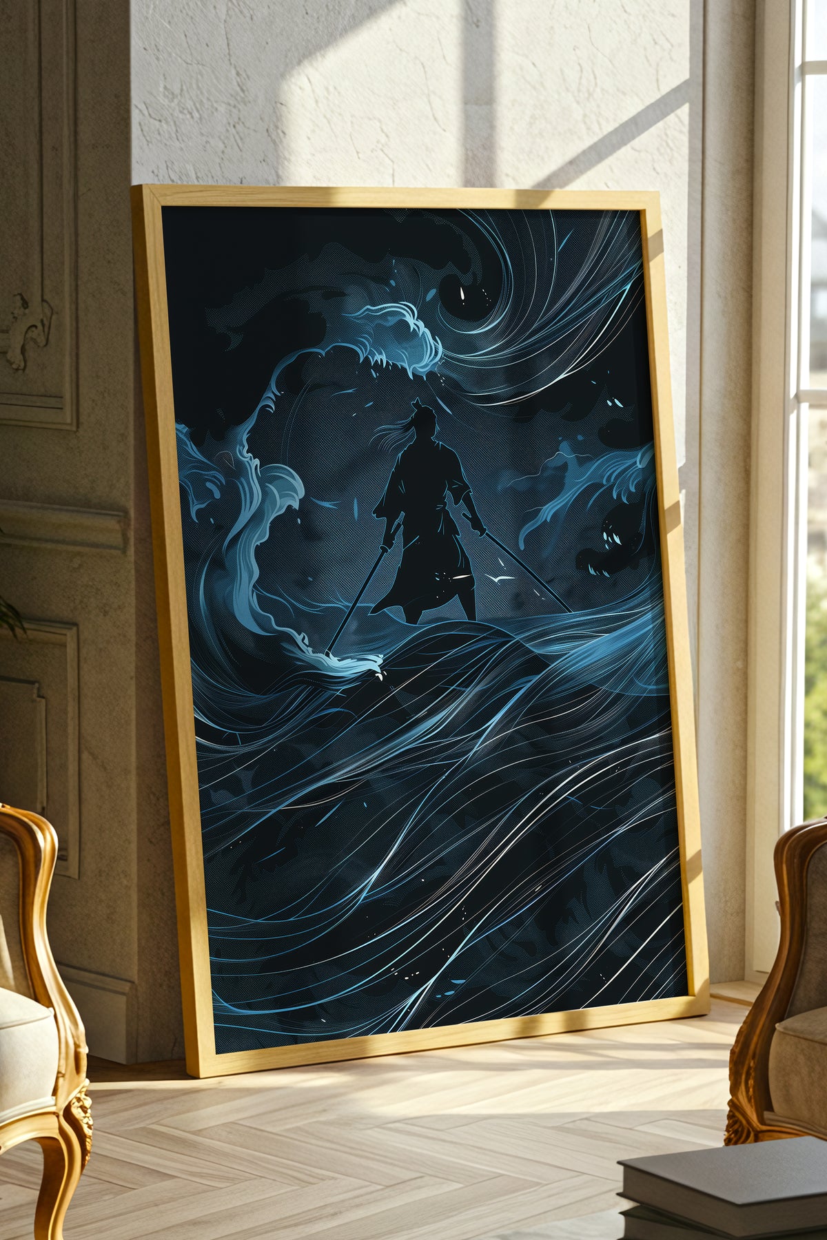 Lone Samurai Blue Ocean Print - Abstract Wave Art | Samurai Legacy