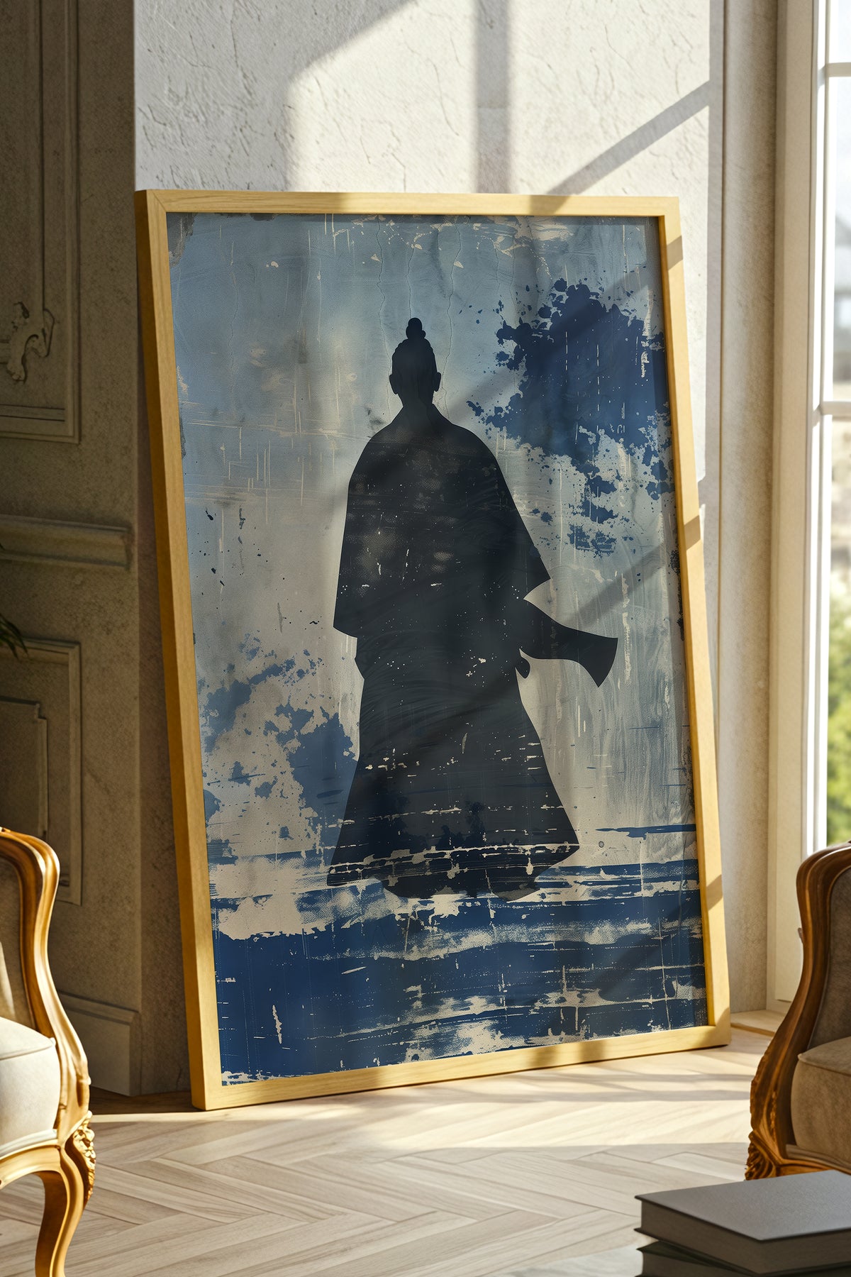 Lone Samurai Silhouette Print - Blue Ink Wabi-Sabi Art | Samurai Legacy