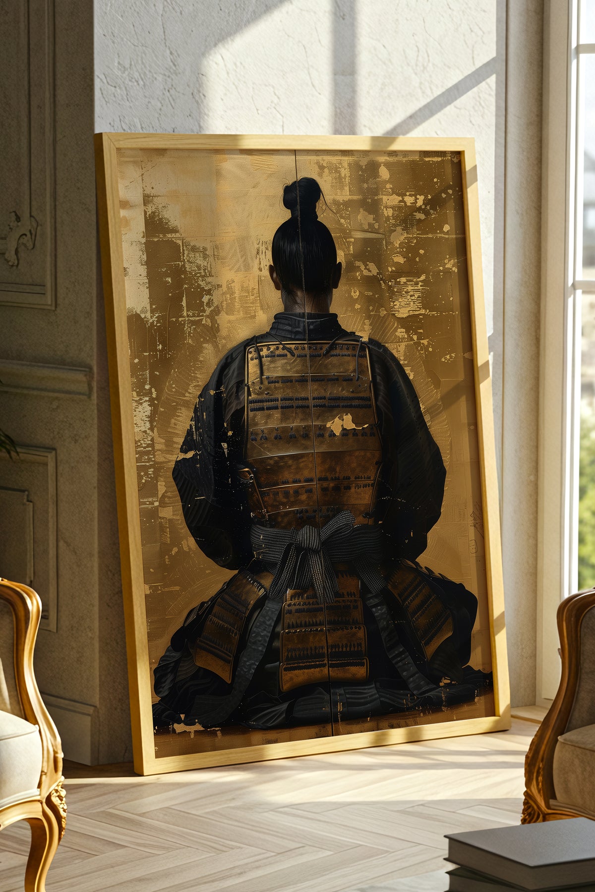 Seated Samurai Armor Poster - Gold Leaf Japanese Wall Art | Samurai Legacy