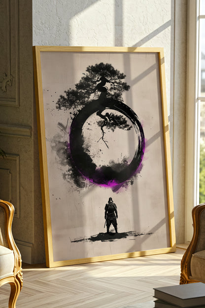 Zen Enso Circle Samurai Print - Violet Ink Pine Tree Decor | Samurai Legacy