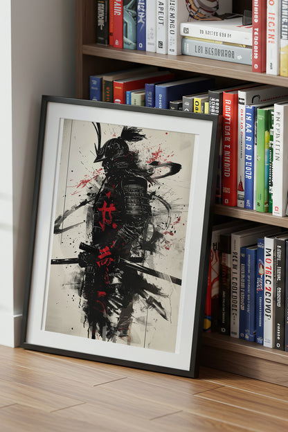 Calligraphy Splatter Samurai Armor Print - Ink Art Poster | Samurai Legacy