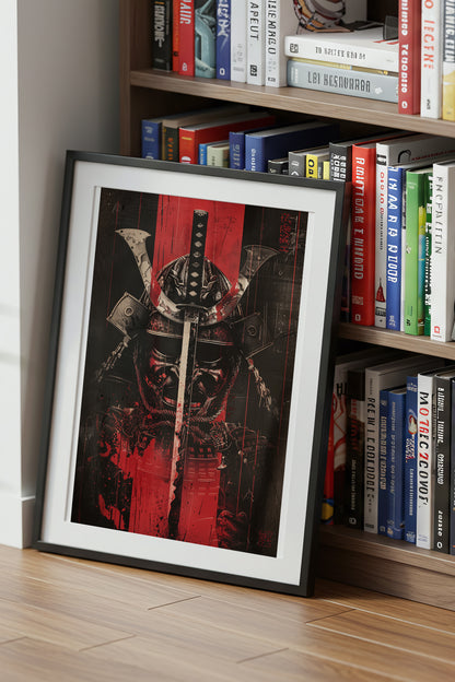 Crimson Katana Kabuto Poster - Graphic Samurai Print | Samurai Legacy