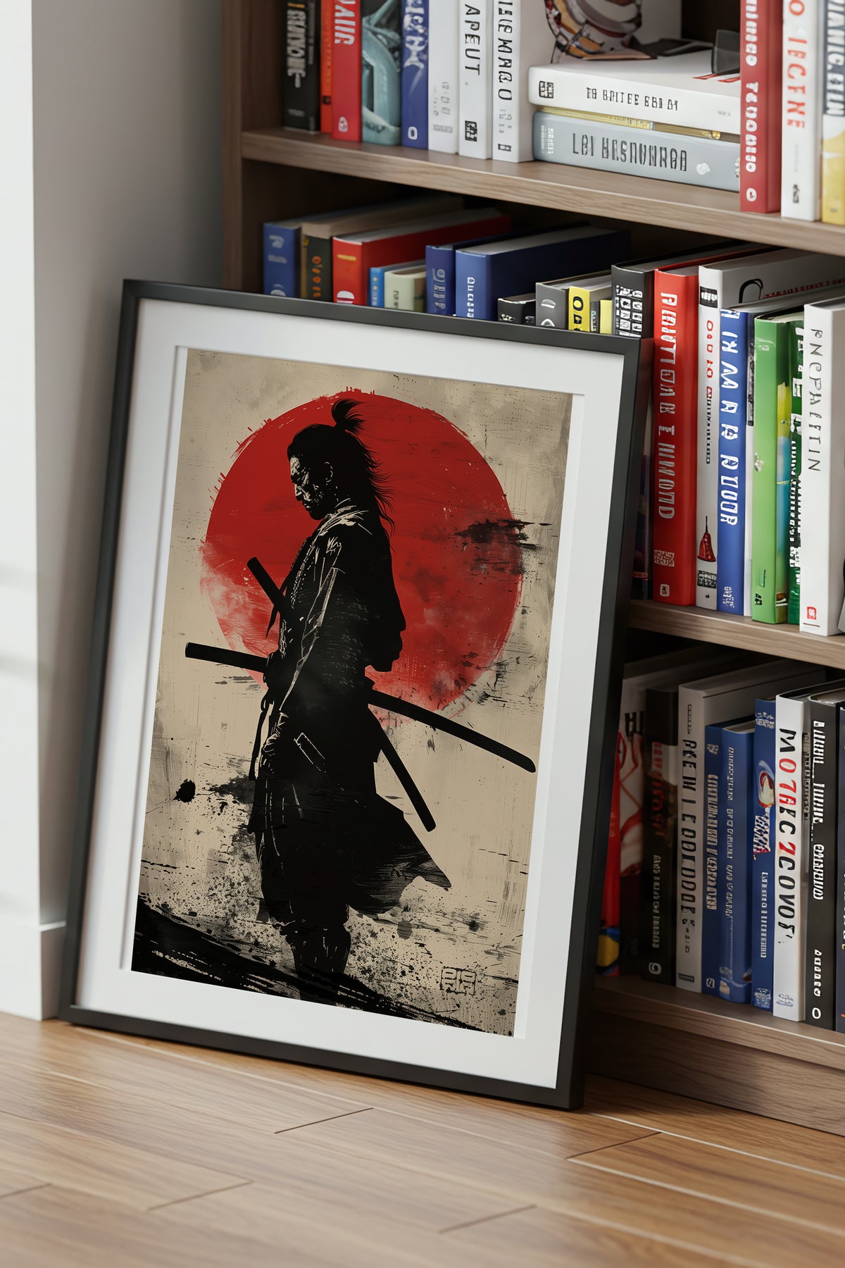 Red Sun Samurai Art Print - Vintage Sumi Ink Poster | Samurai Legacy