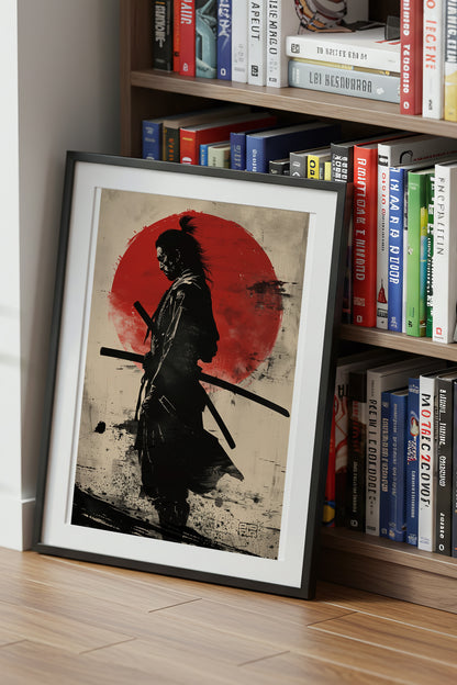 Red Sun Samurai Art Print - Vintage Sumi Ink Poster | Samurai Legacy