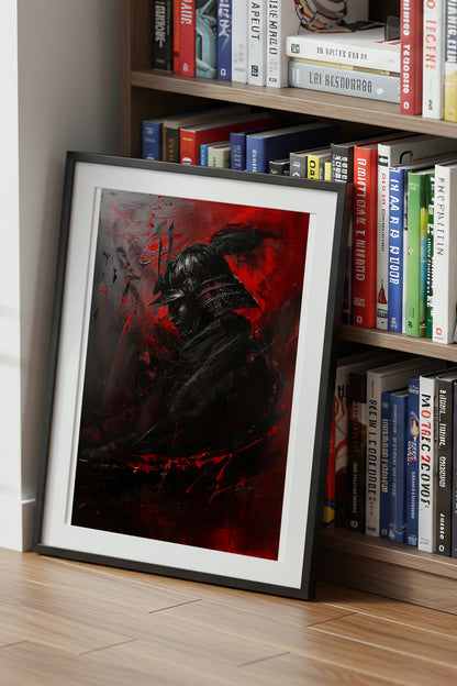 Crimson Samurai Helmet Profile Print - Dark Impasto Art | Samurai Legacy