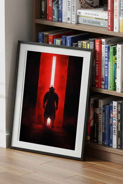 Red Portal Samurai Armor Print - Minimal Light Beam Art | Samurai Legacy