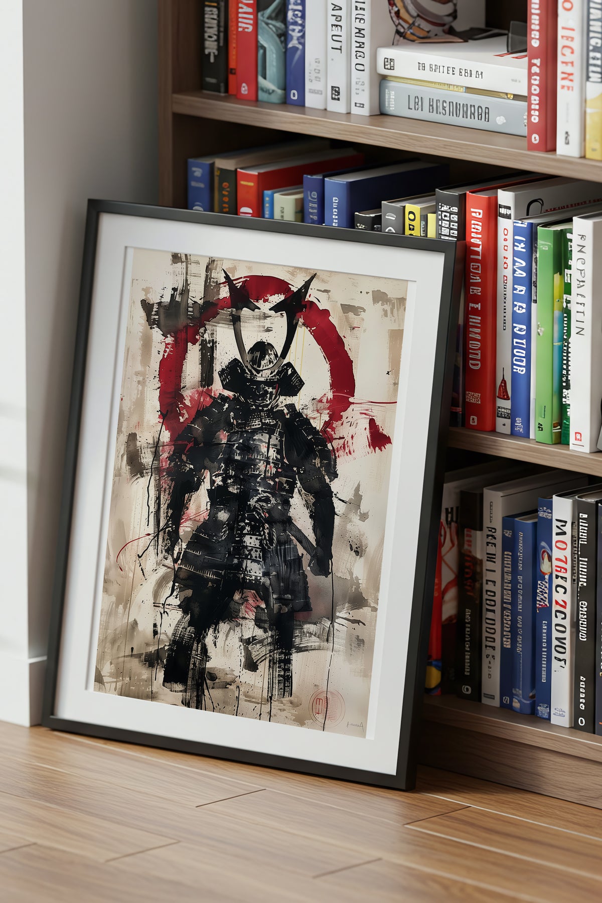 Red Enso Samurai Armor Print - Sumi Ink Wash Poster | Samurai Legacy