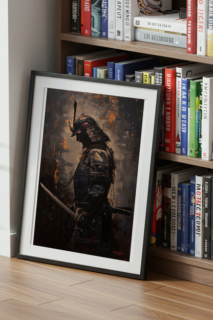 Gold Ember Samurai Profile Print - Dark Impasto Art | Samurai Legacy