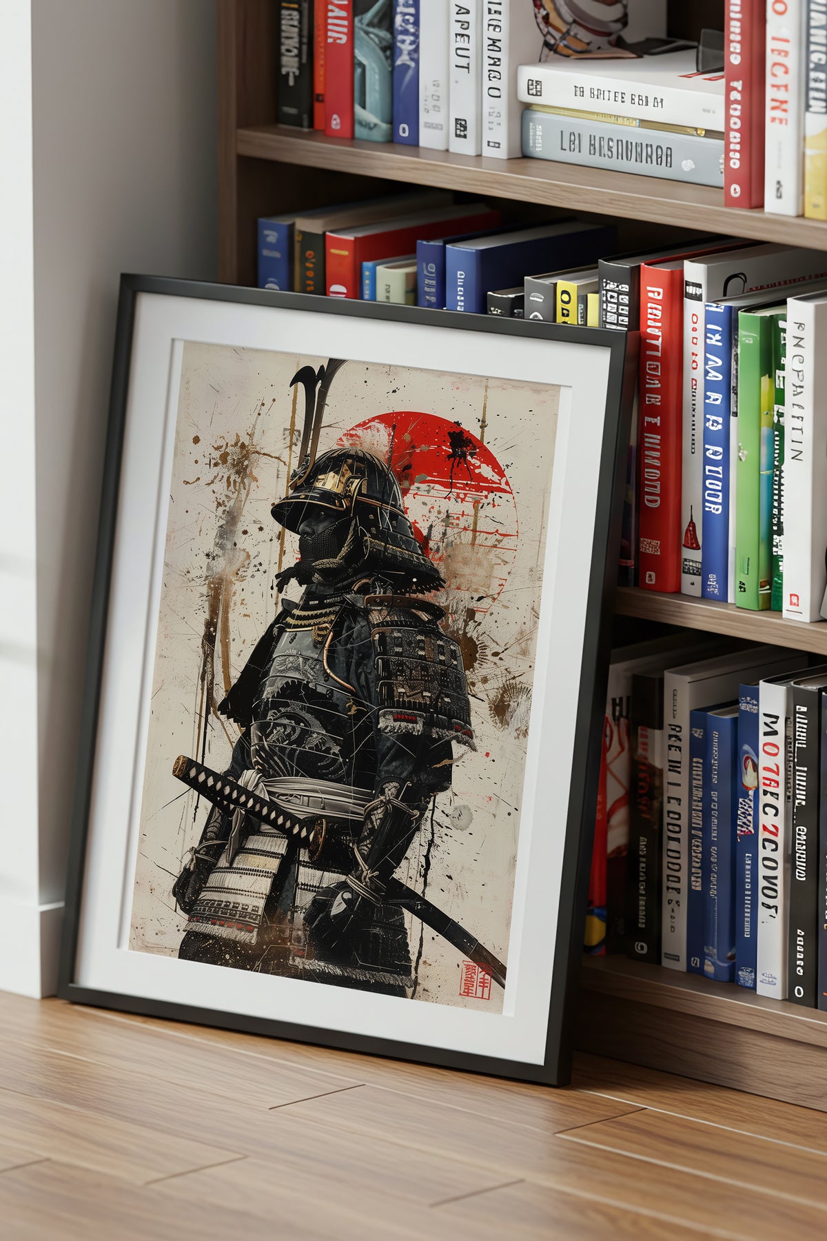 Red Sun Samurai Armor Print - Gold Splatter Wash Art | Samurai Legacy