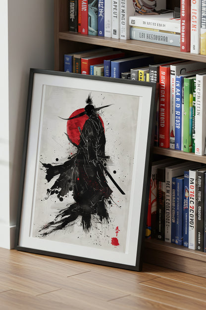 Crimson Sun Samurai Print - Dynamic Sumi Ink Poster | Samurai Legacy