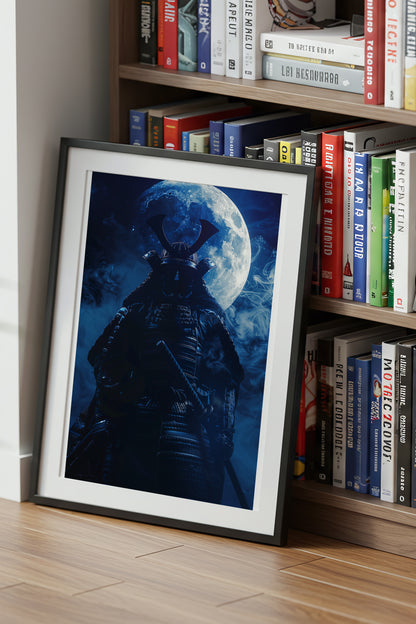 Full Moon Samurai Armor Print - Lunar Noir Art | Samurai Legacy
