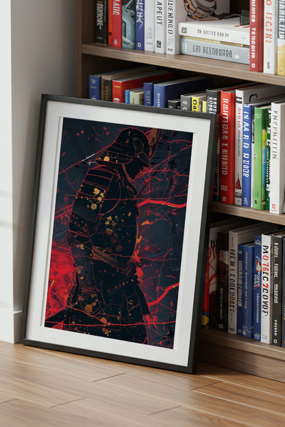 Crimson Line Samurai Armor Poster - Abstract Gold Print | Samurai Legacy