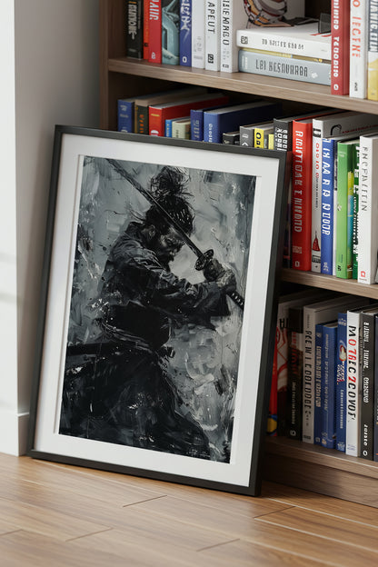 Monochromatic Katana Samurai Poster - Impasto Art Print | Samurai Legacy