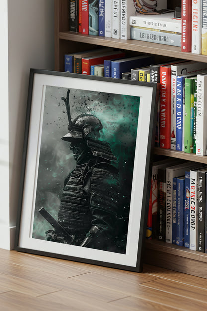Emerald Ember Samurai Print - Dark Jade Aura Poster | Samurai Legacy