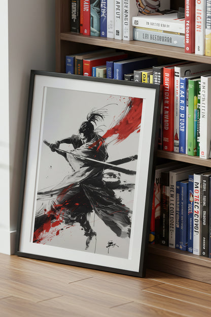 Crimson Arc Samurai Katana Print - Ink Wash Poster | Samurai Legacy