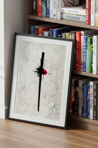 Katana Sword Red Sun Wall Art - Minimalist Ink Poster | Samurai Legacy