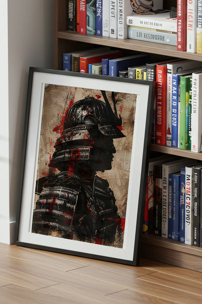 Crimson Splatter Kabuto Samurai Print - Vintage Art | Samurai Legacy