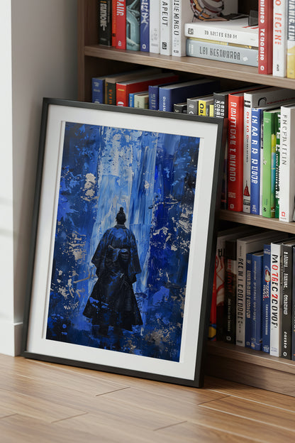 Cobalt Blue Samurai Print - Silver Impasto Poster | Samurai Legacy