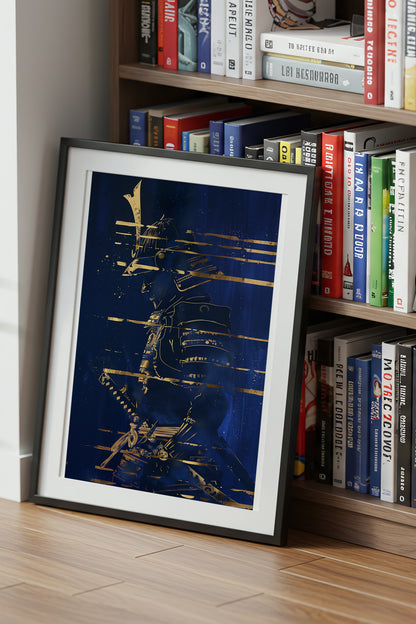 Indigo Gold Samurai Print - Navy Gilded Art Poster | Samurai Legacy