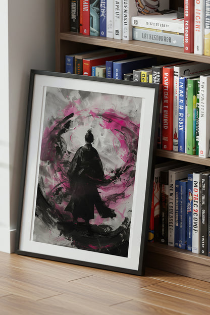 Silent Focus Lone Samurai Print - Expressionist Pink Ink Art | Samurai Legacy