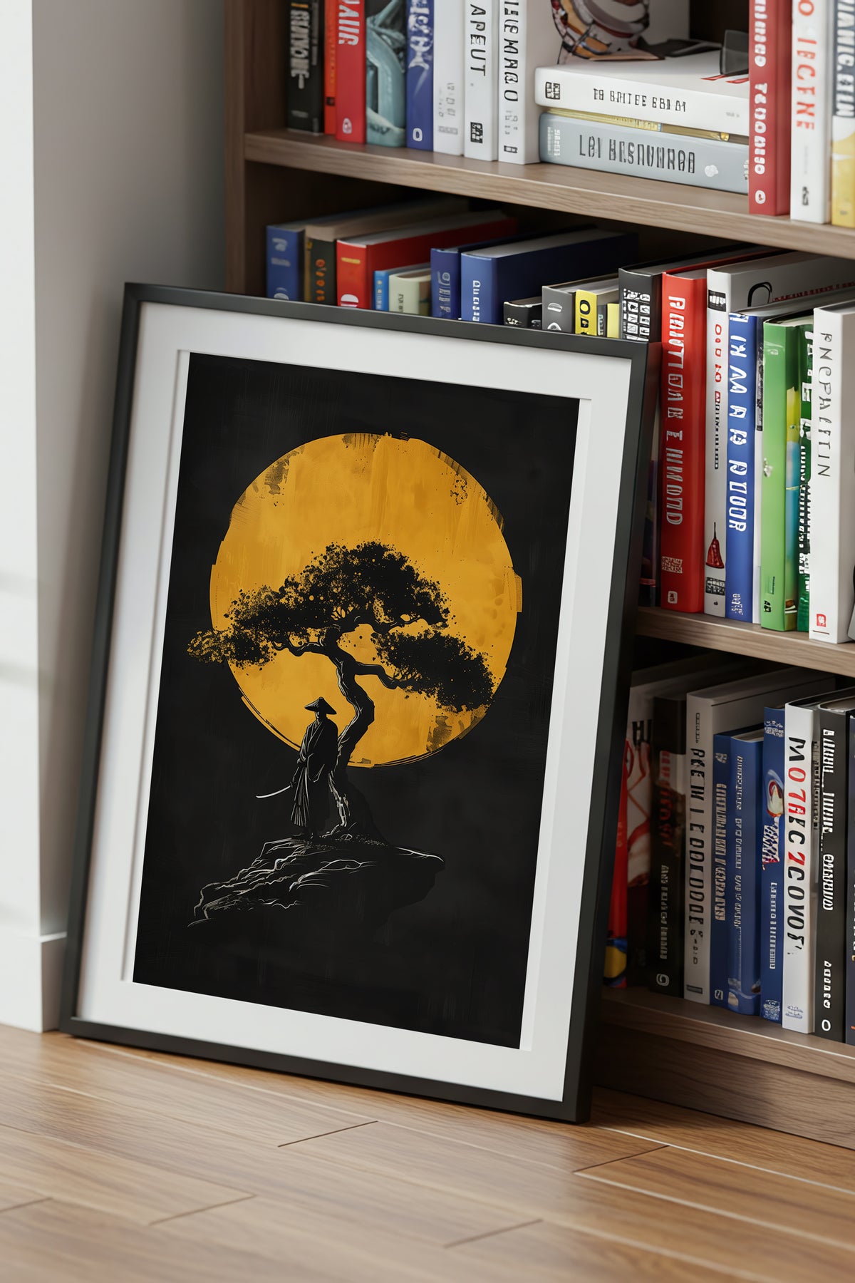 Lone Moonlit Samurai Bonsai Print - Abstract Gold & Black Zen Landscape | Samurai Legacy