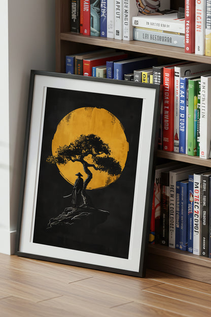 Lone Moonlit Samurai Bonsai Print - Abstract Gold & Black Zen Landscape | Samurai Legacy
