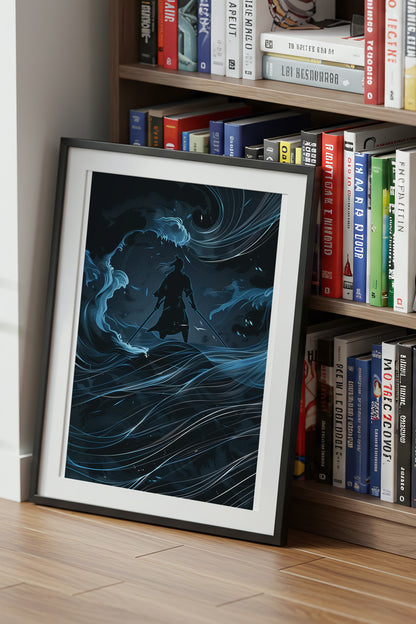 Lone Samurai Blue Ocean Print - Abstract Wave Art | Samurai Legacy