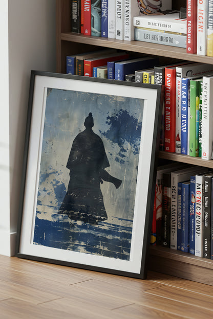Lone Samurai Silhouette Print - Blue Ink Wabi-Sabi Art | Samurai Legacy