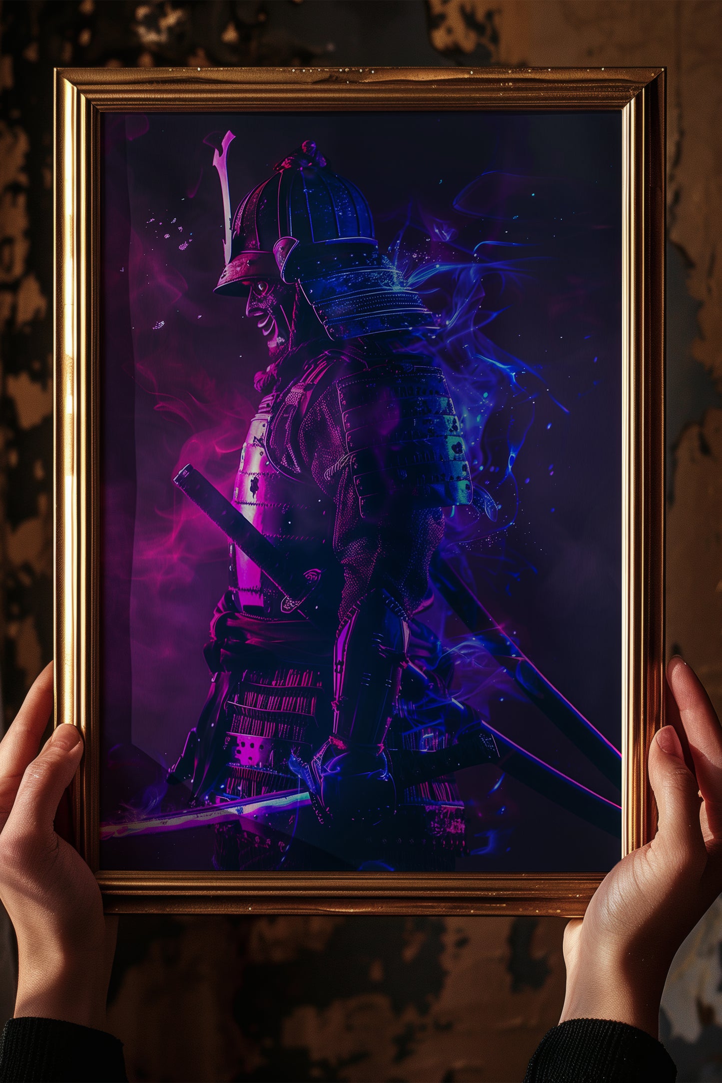 Cyber Neon Samurai Wall Art - Violet Blue Shogun Poster | Samurai Legacy