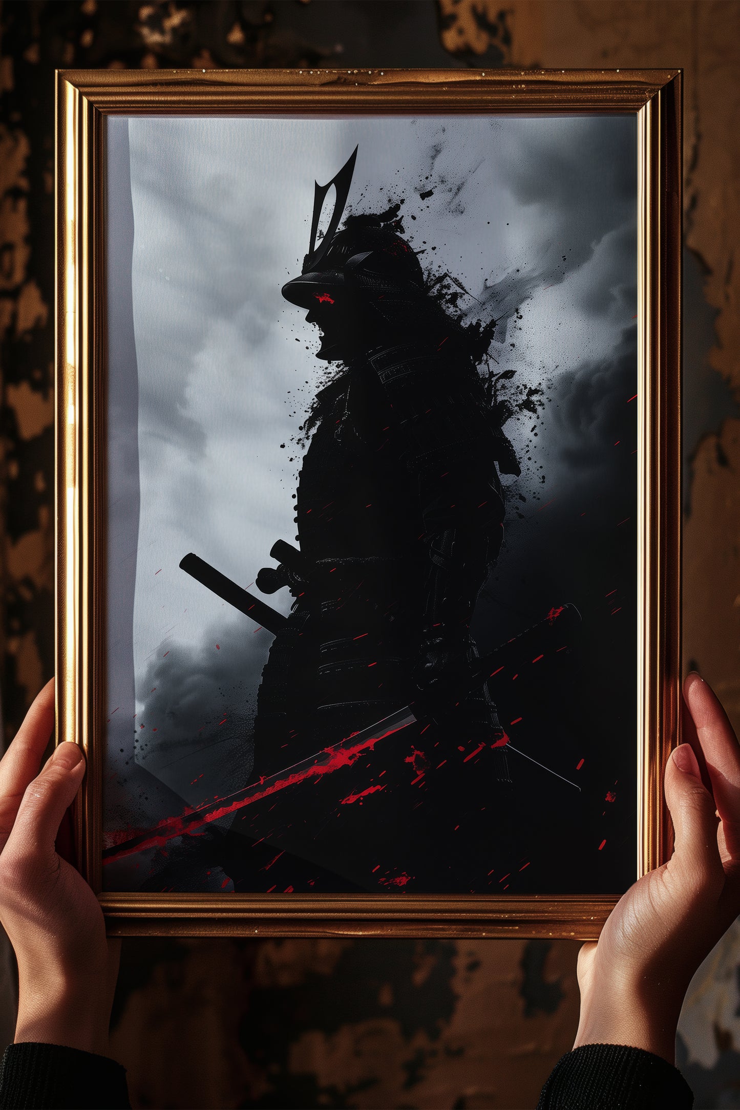 Crimson Blade Samurai Print - Dark Monochrome Poster | Samurai Legacy