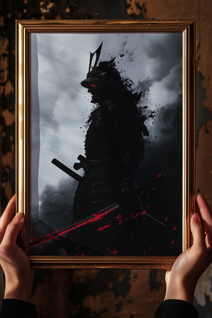 Crimson Blade Samurai Print - Dark Monochrome Poster | Samurai Legacy