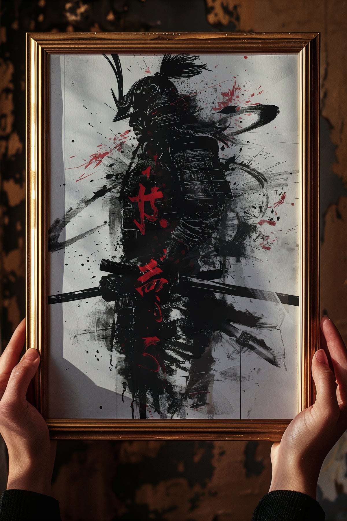 Calligraphy Splatter Samurai Armor Print - Ink Art Poster | Samurai Legacy